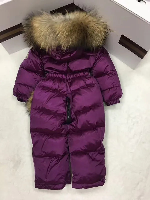 2024 Winter baby girl down coat Baby clothes print outerwear Fur Hooded children's Snowsuit down coats Child jumpsuit romper