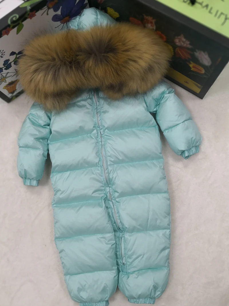 Real fur hooded 2024 Winter Jacket child jackets children jumpsuit snow suit girl floral limbing down romper ski suits outerwear