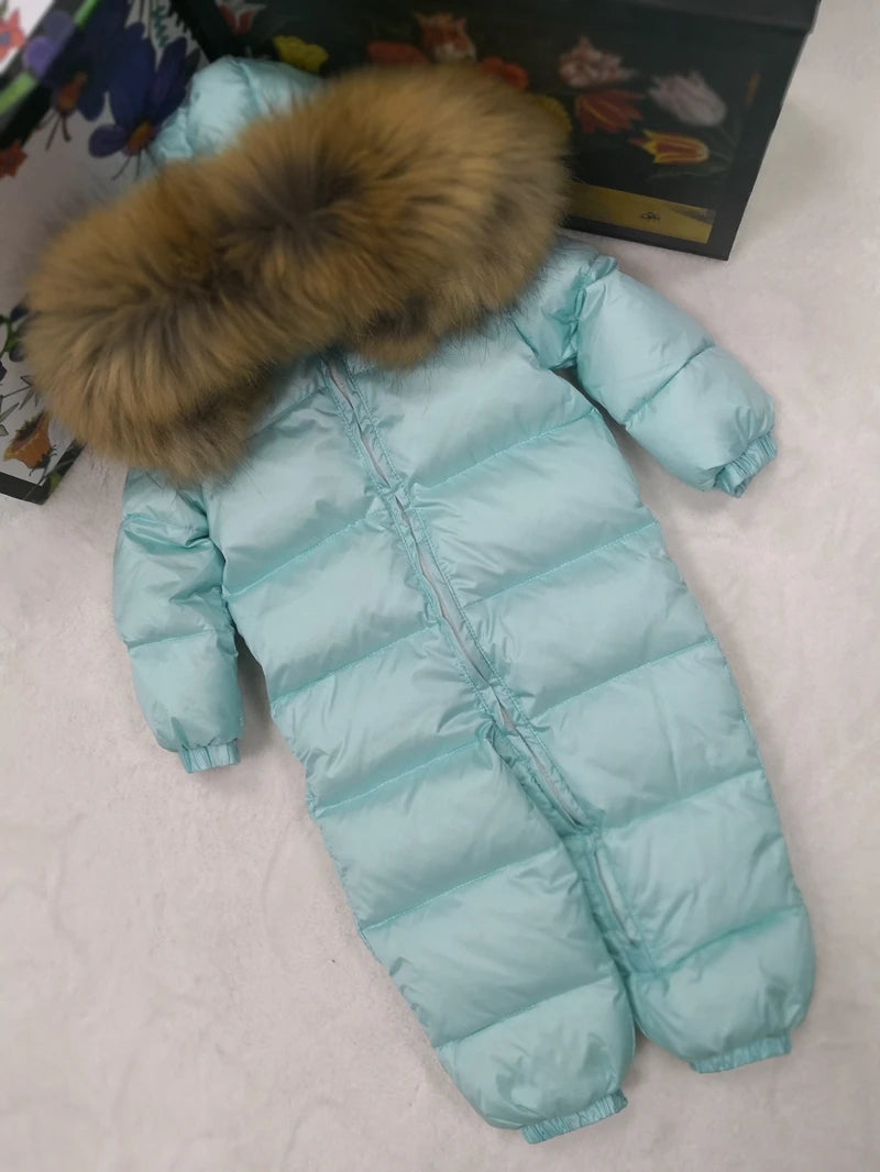 Real fur hooded 2024 Winter Jacket child jackets children jumpsuit snow suit girl floral limbing down romper ski suits outerwear