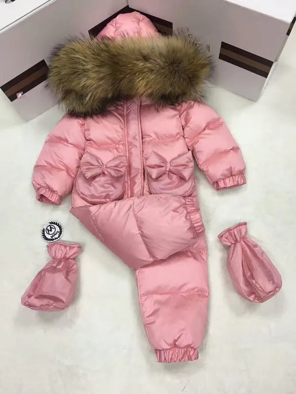 2024 Winter baby girl down coat Baby overall bow outerwear Fur Hooded children's Snowsuit down Child jumpsuit romper parka