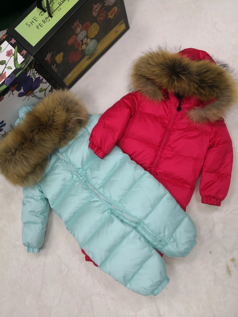 Real fur hooded 2024 Winter Jacket child jackets children jumpsuit snow suit girl floral limbing down romper ski suits outerwear