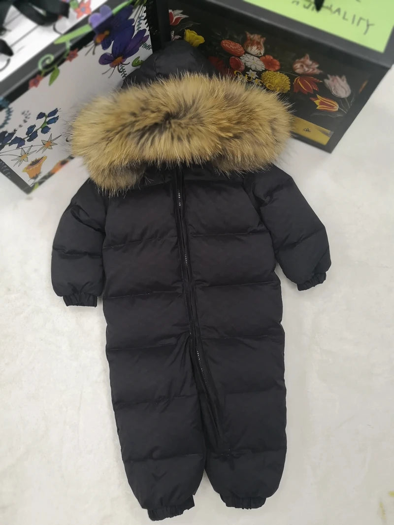 Real fur hooded 2024 Winter Jacket child jackets children jumpsuit snow suit girl floral limbing down romper ski suits outerwear