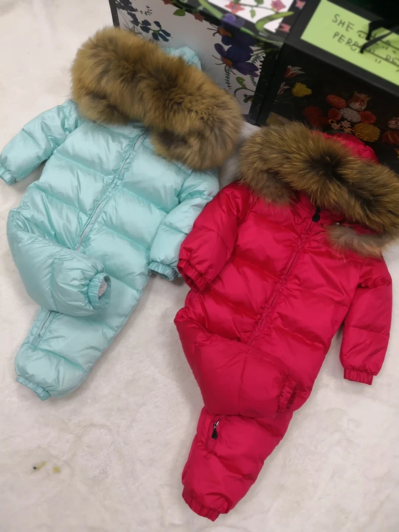 Real fur hooded 2024 Winter Jacket child jackets children jumpsuit snow suit girl floral limbing down romper ski suits outerwear