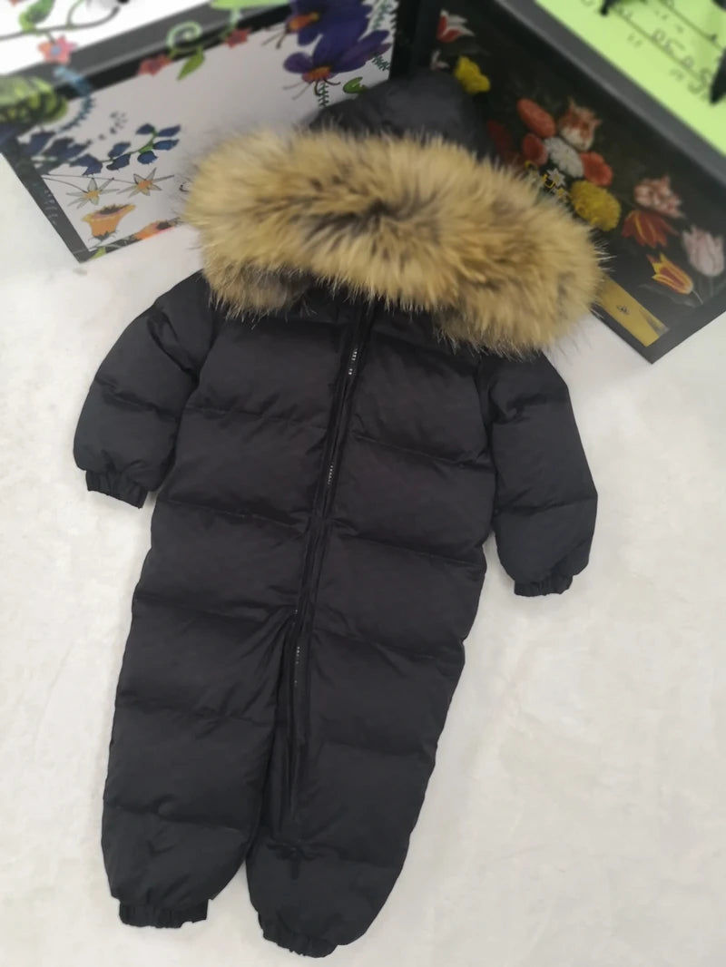 Real fur hooded 2024 Winter Jacket child jackets children jumpsuit snow suit girl floral limbing down romper ski suits outerwear