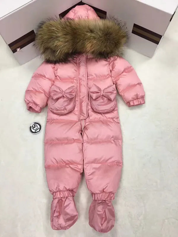 2024 Winter baby girl down coat Baby overall bow outerwear Fur Hooded children's Snowsuit down Child jumpsuit romper parka