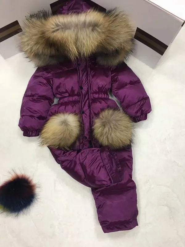 2024 Winter baby girl down coat Baby clothes print outerwear Fur Hooded children's Snowsuit down coats Child jumpsuit romper