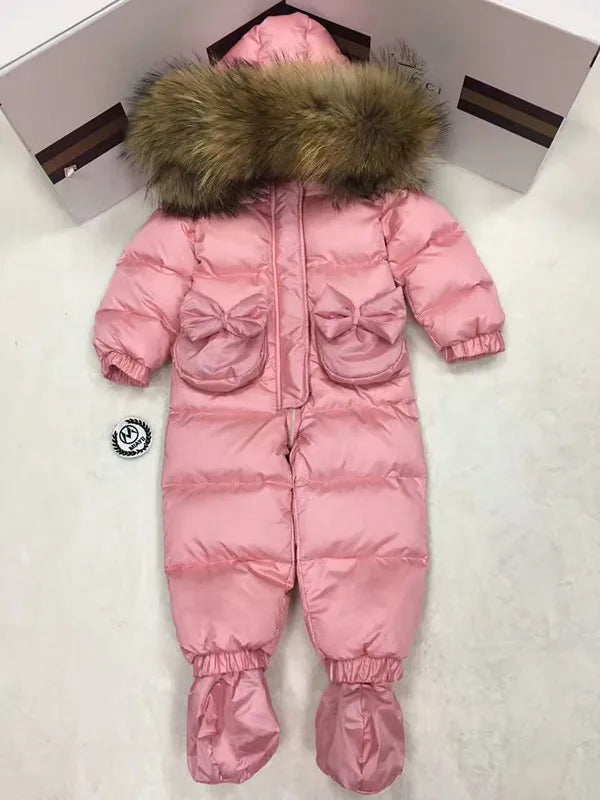 2024 Winter baby girl down coat Baby overall bow outerwear Fur Hooded children's Snowsuit down Child jumpsuit romper parka