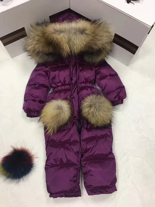 2024 Winter baby girl down coat Baby clothes print outerwear Fur Hooded children's Snowsuit down coats Child jumpsuit romper