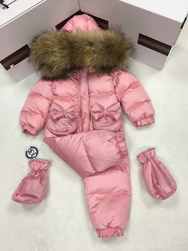 2024 Winter baby girl down coat Baby overall bow outerwear Fur Hooded children's Snowsuit down Child jumpsuit romper parka