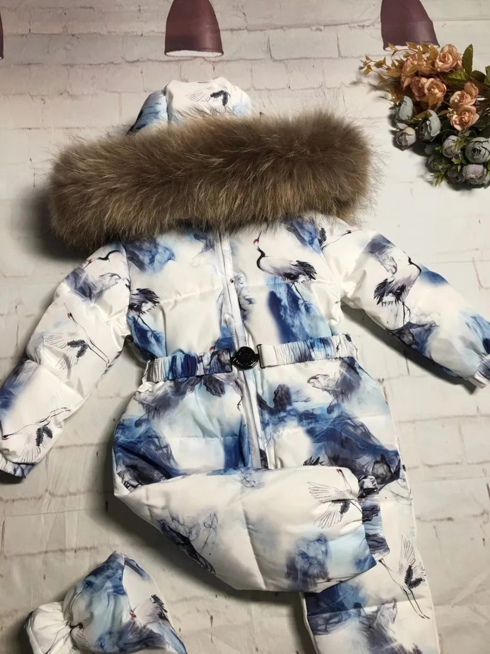 Real fur hooded 2024 Winter Jacket child jackets children jumpsuit snow suit girl floral down romper ski suits outerwear