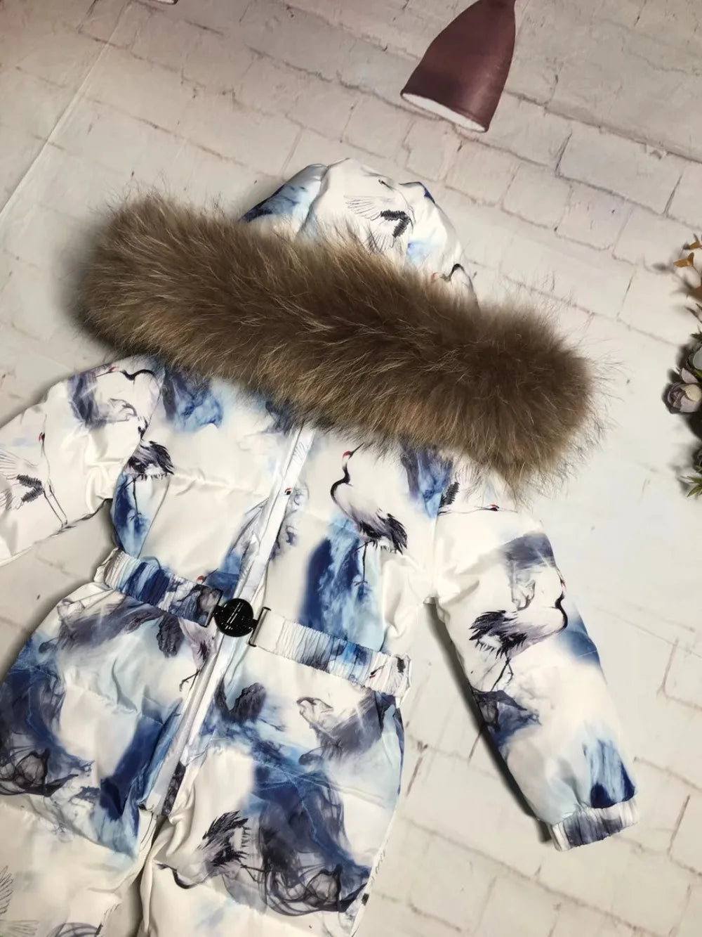 Real fur hooded 2024 Winter Jacket child jackets children jumpsuit snow suit girl floral down romper ski suits outerwear