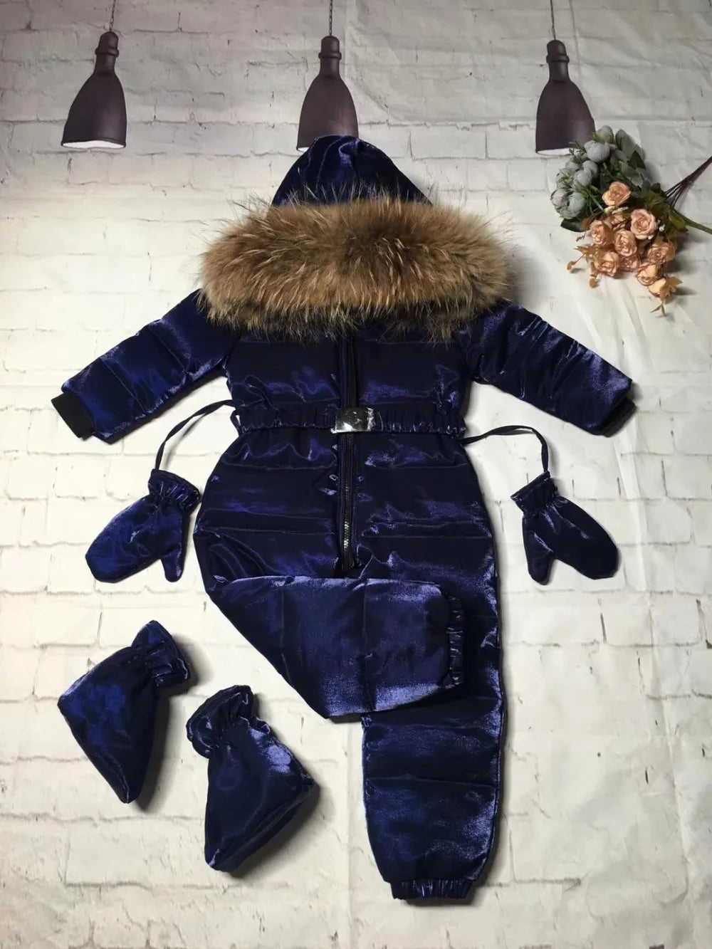 2024 Winter baby girl down coat Baby clothes print outerwear Fur Hooded children's Snowsuit down overall Child jumpsuit romper