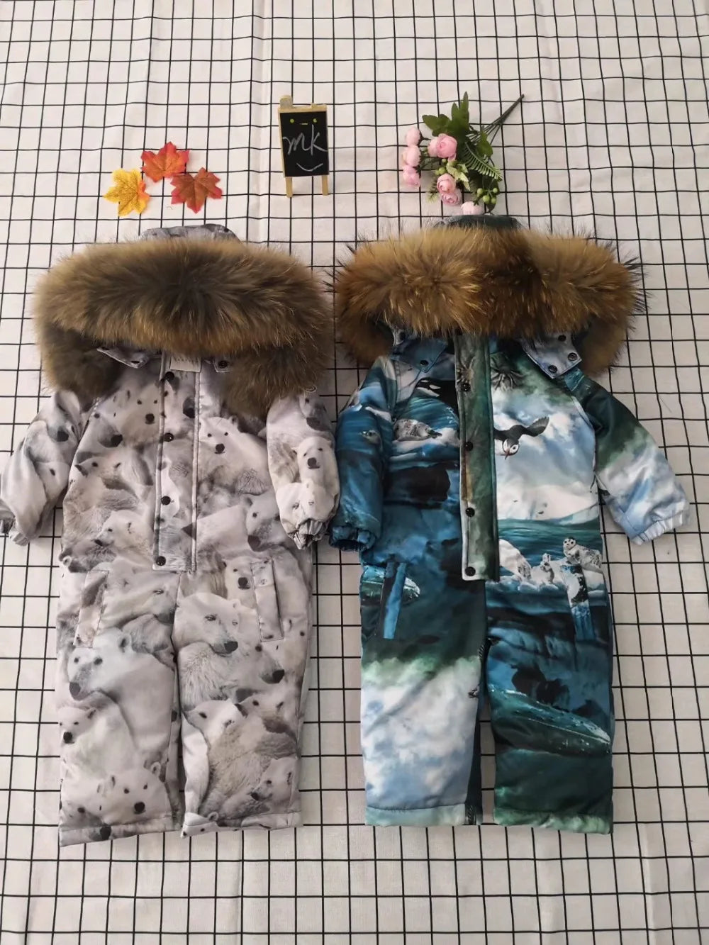 Real fur 2024 Winter Jacket child jackets children jumpsuit snow suit girl flower  down romper ski suits outerwear