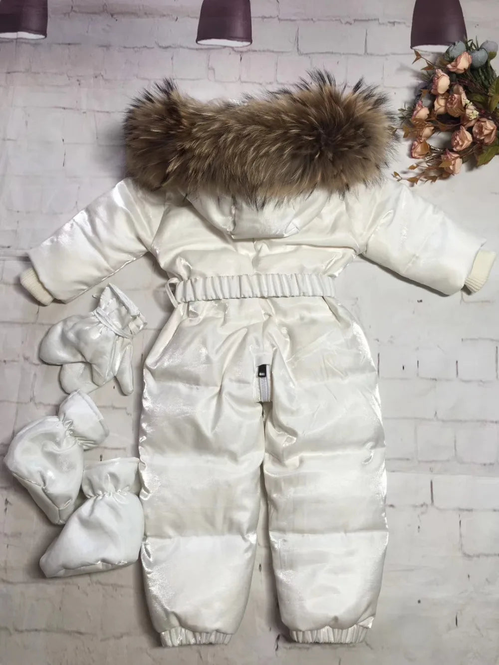 2024 Winter baby girl down coat Baby clothes print outerwear Fur Hooded children's Snowsuit down overall Child jumpsuit romper