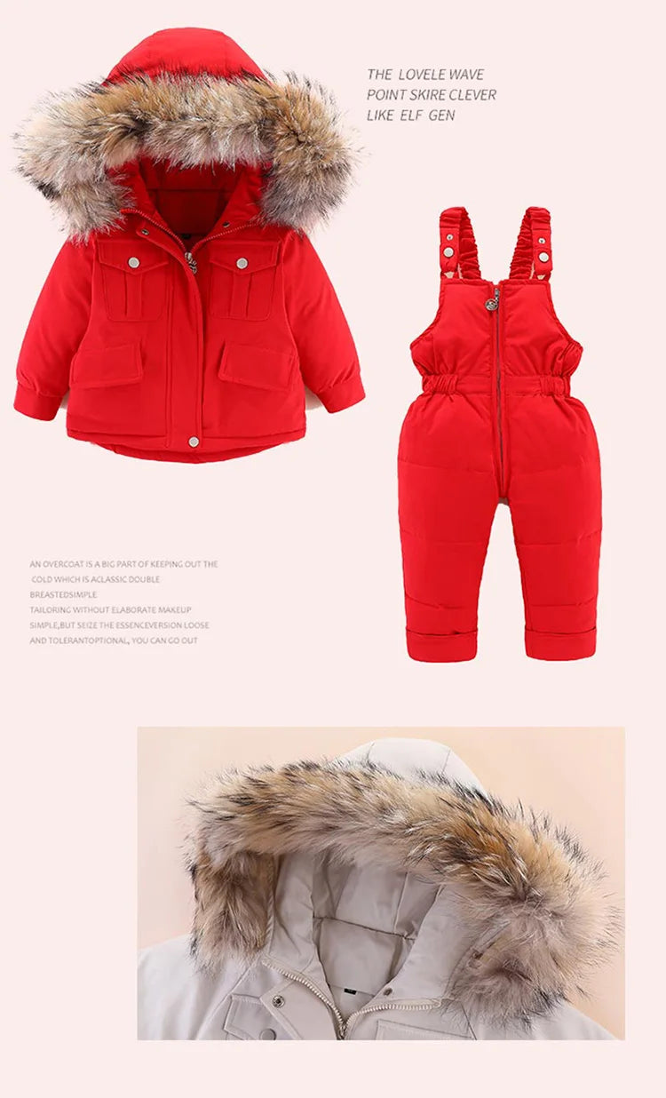 2pcs Set Children Winter Down Jacket and Jumpsuit for Baby Thicken Jacket for Girls Coat Warm Real Fur Collar Boys Snowsuit 0-4Y