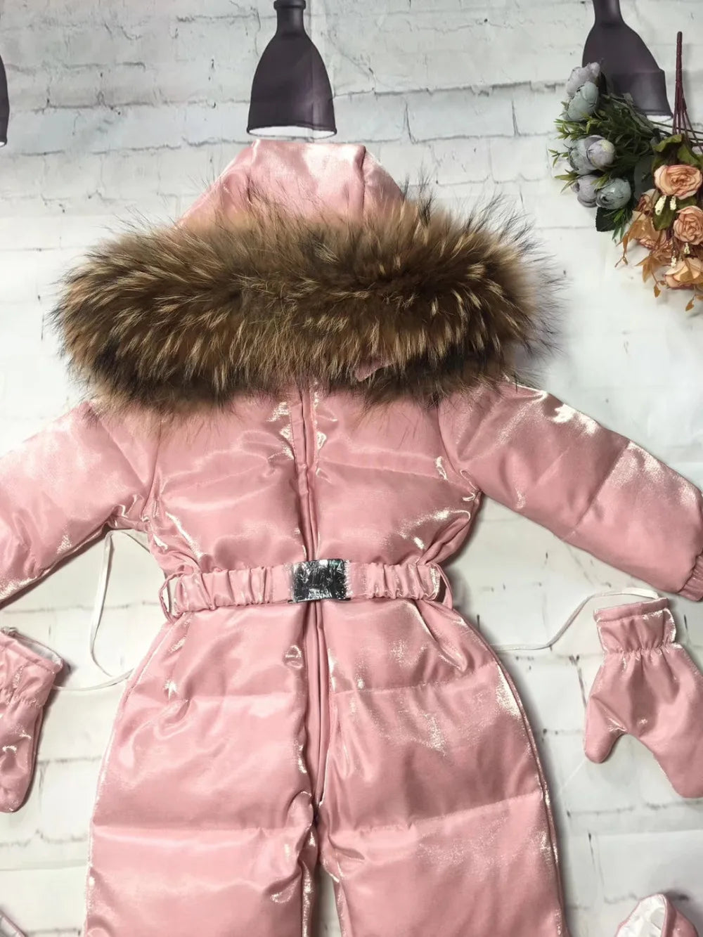 2024 Winter baby girl down coat Baby clothes print outerwear Fur Hooded children's Snowsuit down overall Child jumpsuit romper