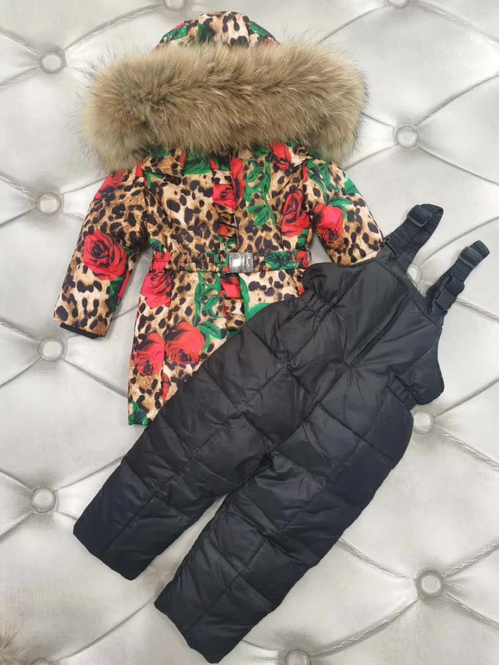 real fur new 2024 Winter Jacket Children down jackets & PANT duck down Fur hooded girl snowsuit boy Suit set outerwear ski suit