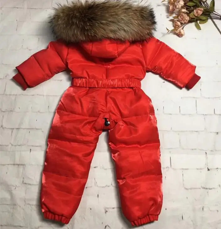 2024 Winter baby girl down coat Baby clothes print outerwear Fur Hooded children's Snowsuit down overall Child jumpsuit romper