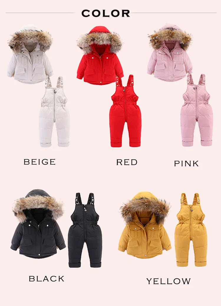 2pcs Set Children Winter Down Jacket and Jumpsuit for Baby Thicken Jacket for Girls Coat Warm Real Fur Collar Boys Snowsuit 0-4Y