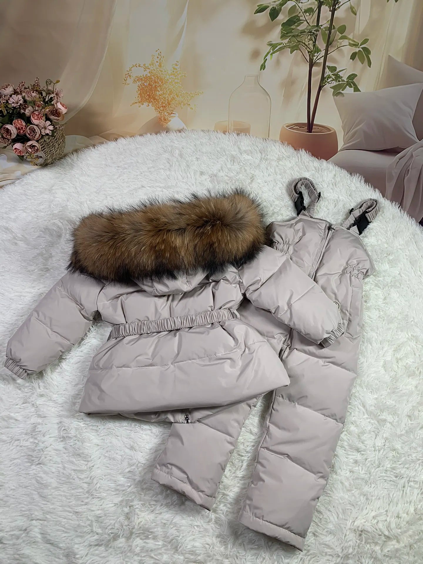 Raccoon fur hood 2024 winter jacket child suit jacket+pant twinset boy & girl ski suits children down jacket outerwear parka