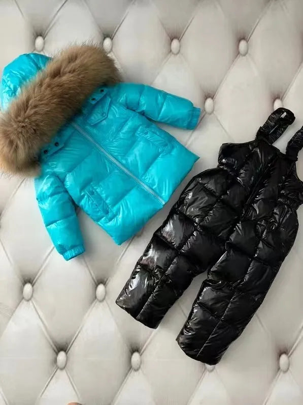 New 2024 Winter Jacket Children down jackets & pant duck down Brand Raccoon Fur  hood girl snowsuit set outerwear ski suit Parka