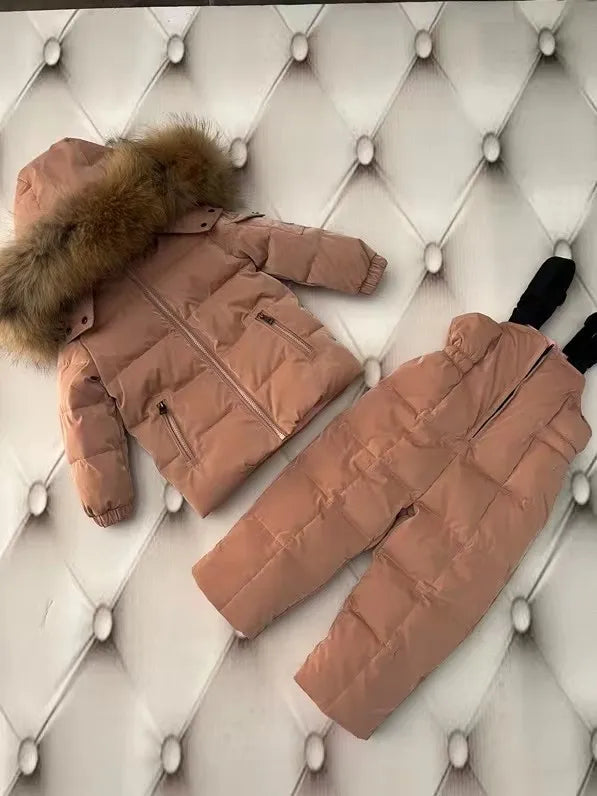 New 2024 Winter Jacket Children down jackets & pant duck down Brand Raccoon Fur  hood girl snowsuit set outerwear ski suit Parka