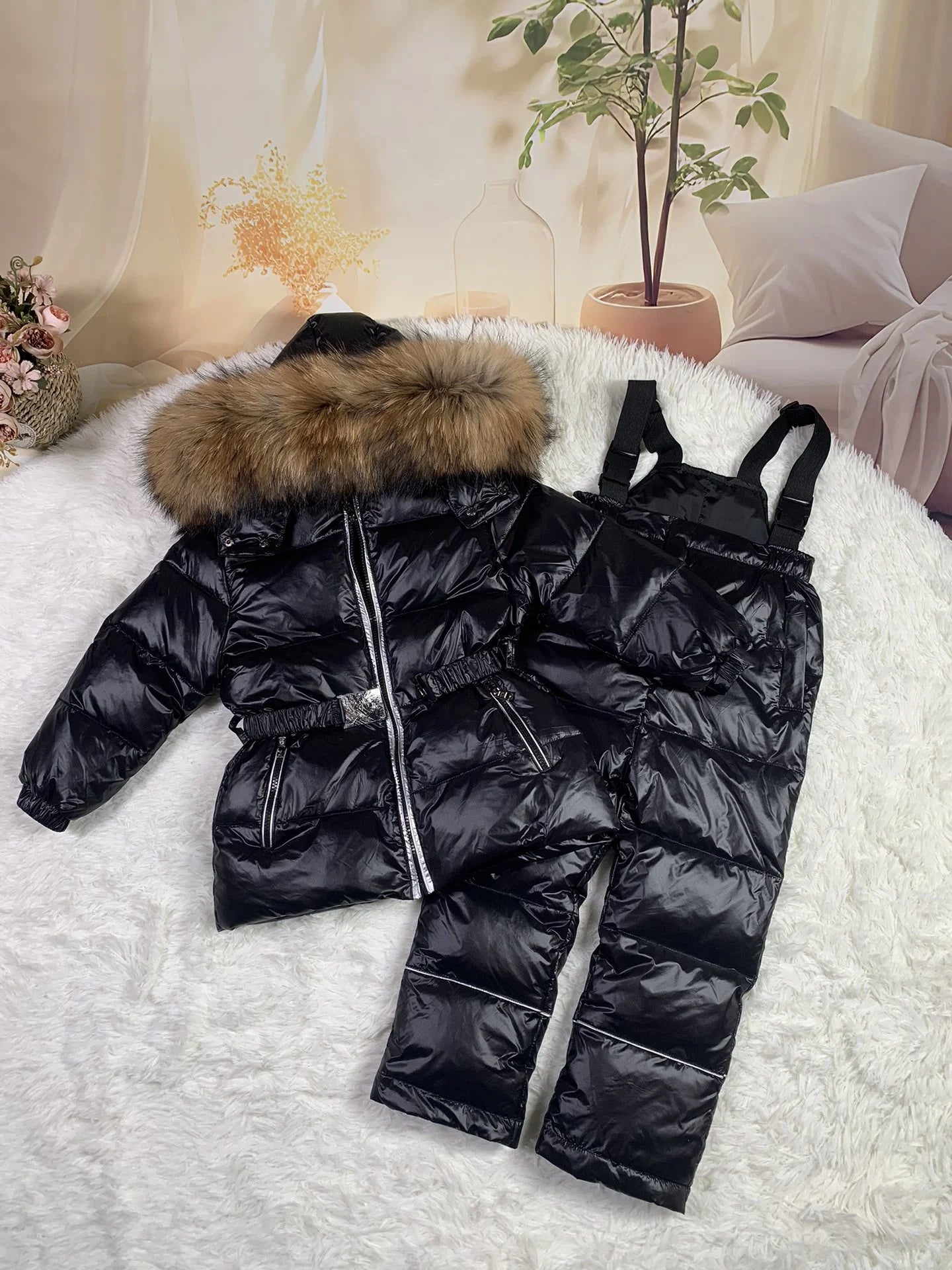 Raccoon fur hood 2024 winter jacket child suit jacket+pant twinset boy & girl ski suits children down jacket outerwear parka