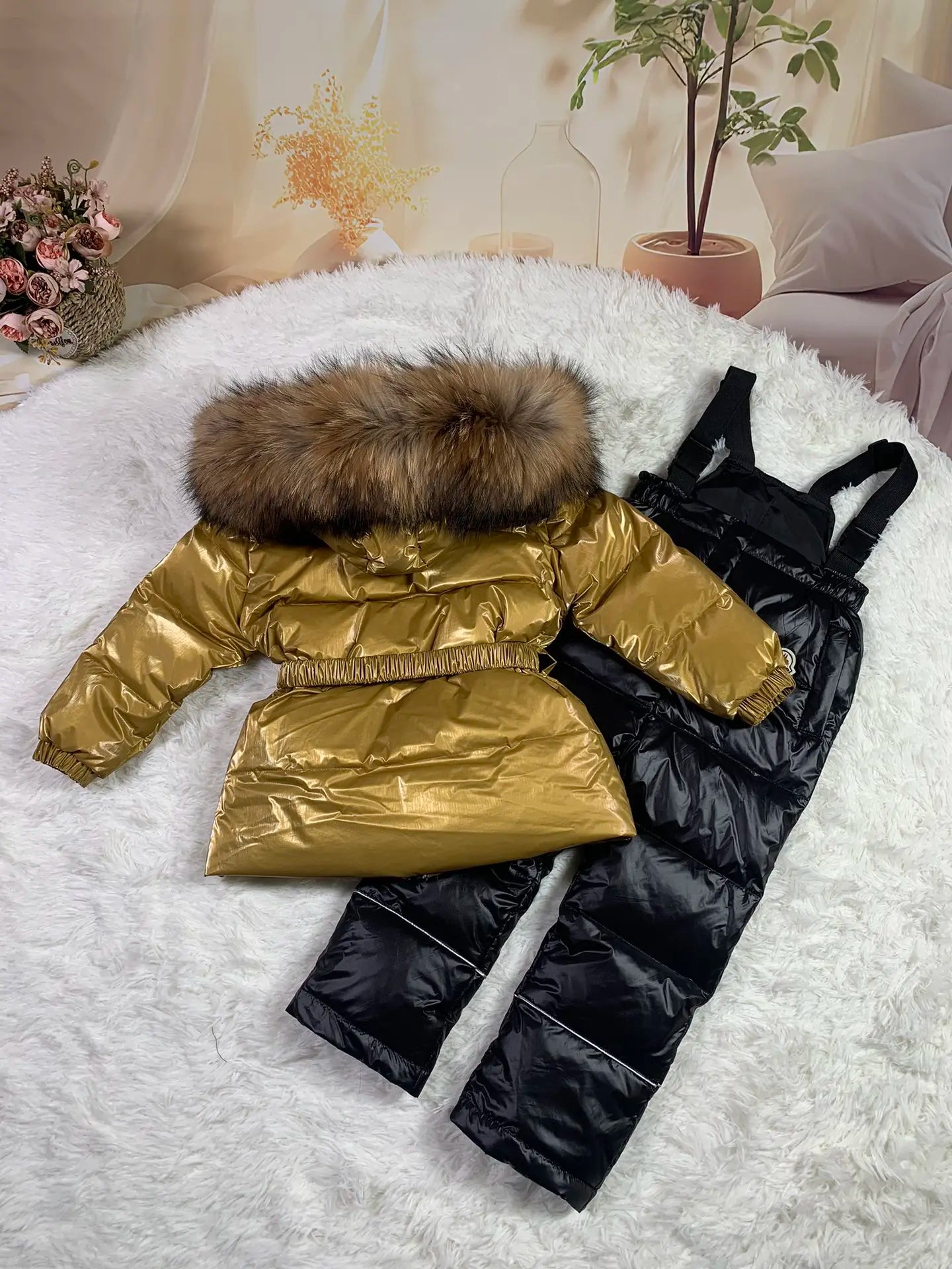 Raccoon fur hood 2024 winter jacket child suit jacket+pant twinset boy & girl ski suits children down jacket outerwear parka