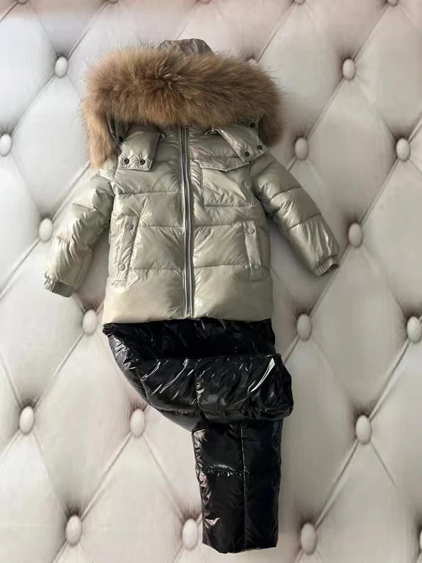 New 2024 Winter Jacket Children down jackets & pant duck down Brand Raccoon Fur  hood girl snowsuit set outerwear ski suit Parka