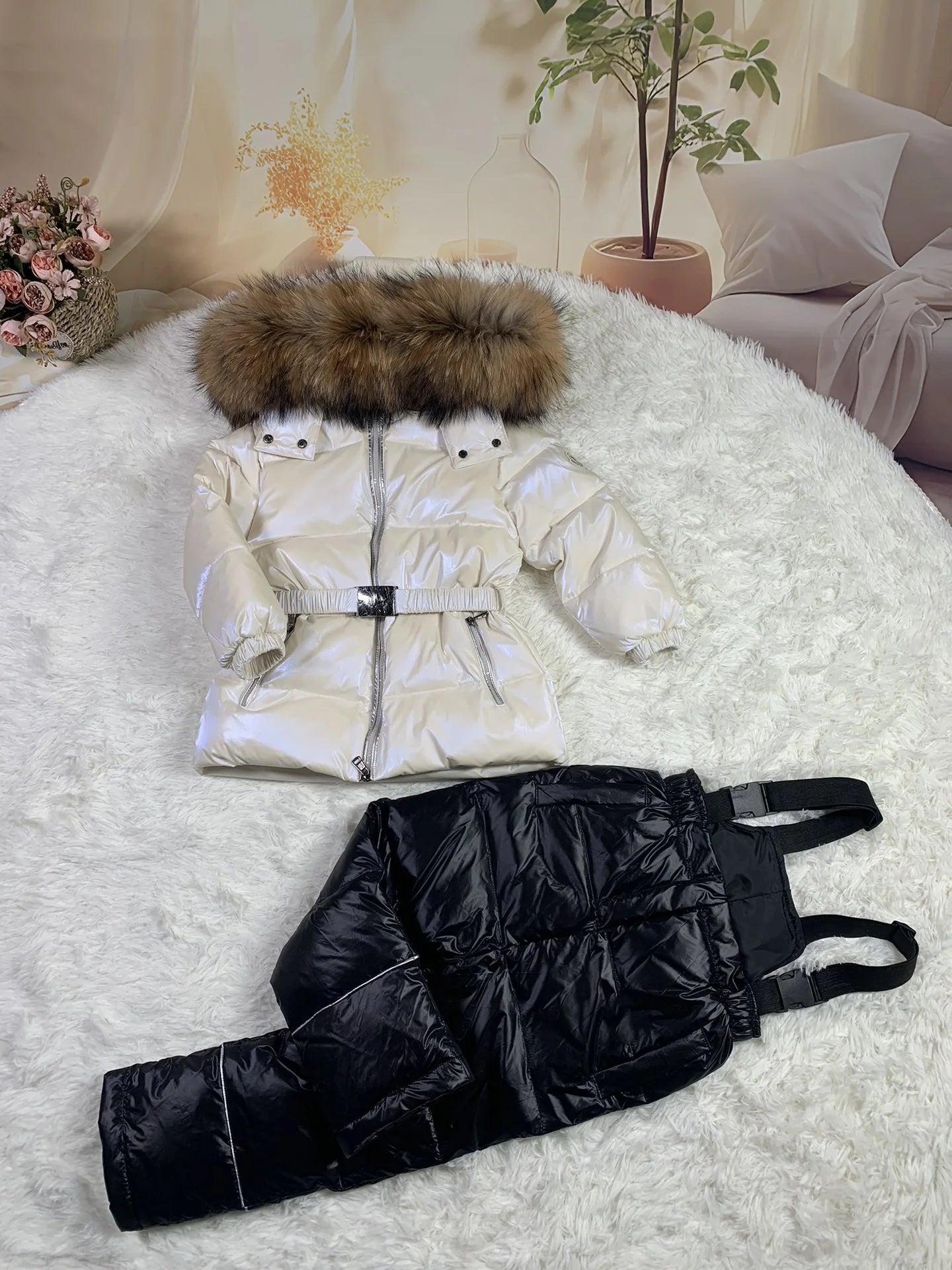 Raccoon fur hood 2024 winter jacket child suit jacket+pant twinset boy & girl ski suits children down jacket outerwear parka