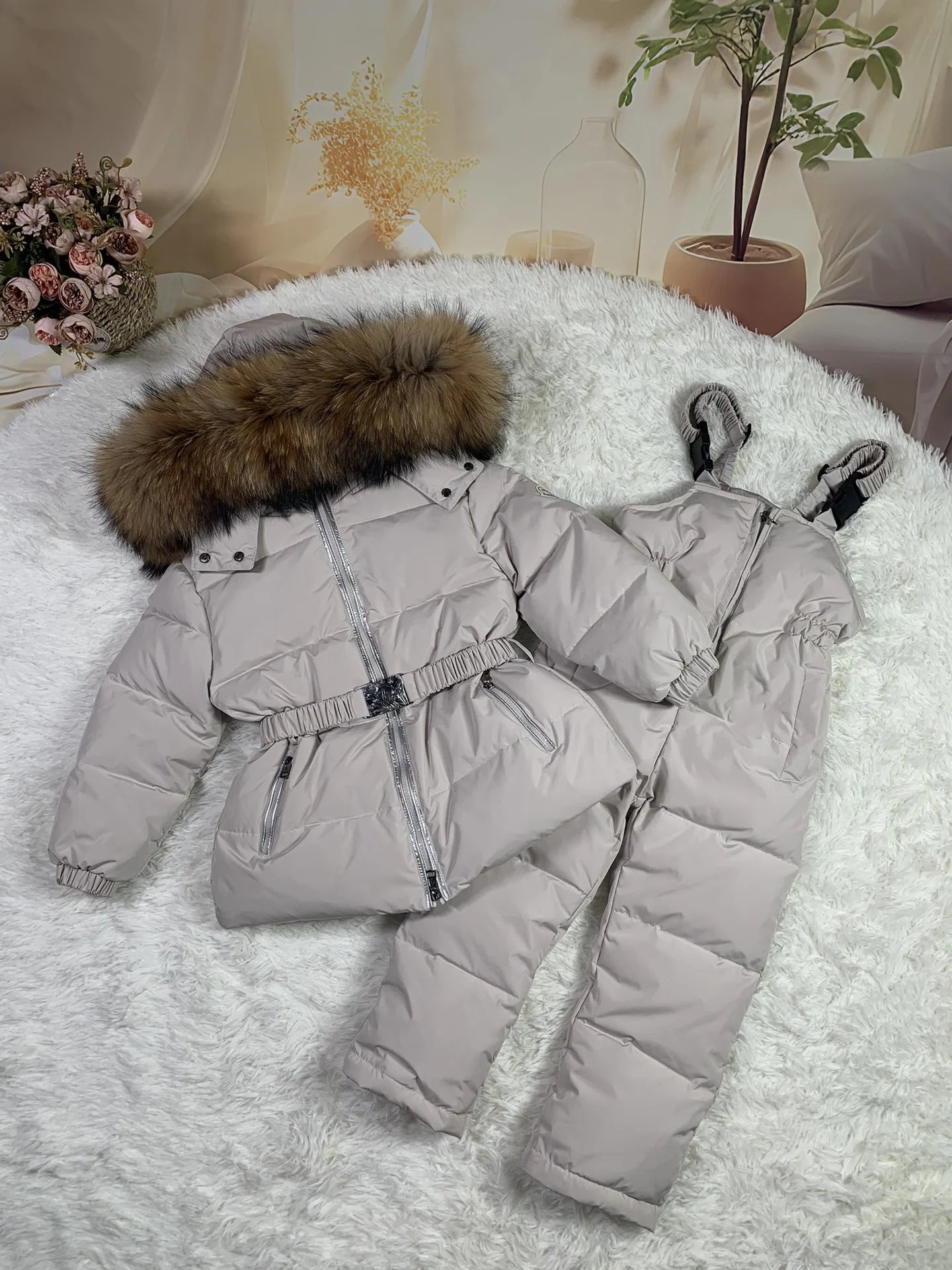 Raccoon fur hood 2024 winter jacket child suit jacket+pant twinset boy & girl ski suits children down jacket outerwear parka