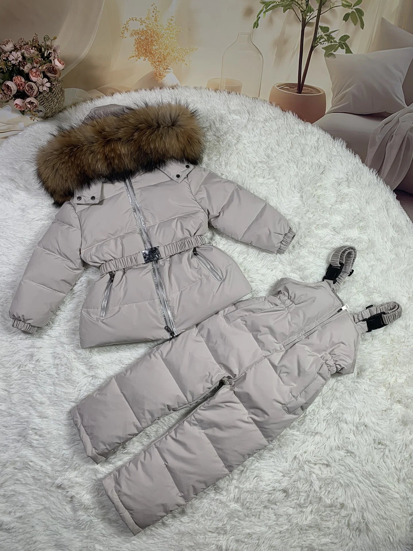 Raccoon fur hood 2024 winter jacket child suit jacket+pant twinset boy & girl ski suits children down jacket outerwear parka