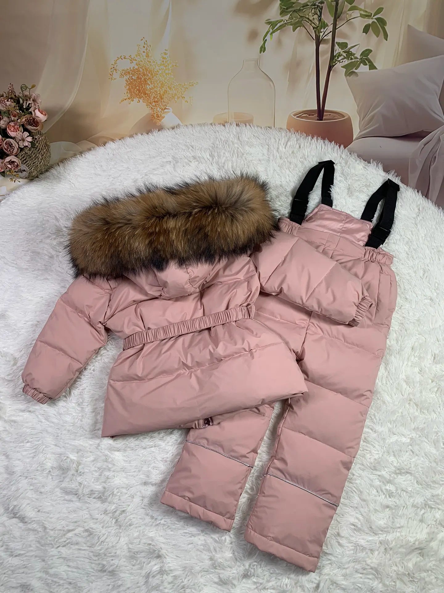 Raccoon fur hood 2024 winter jacket child suit jacket+pant twinset boy & girl ski suits children down jacket outerwear parka