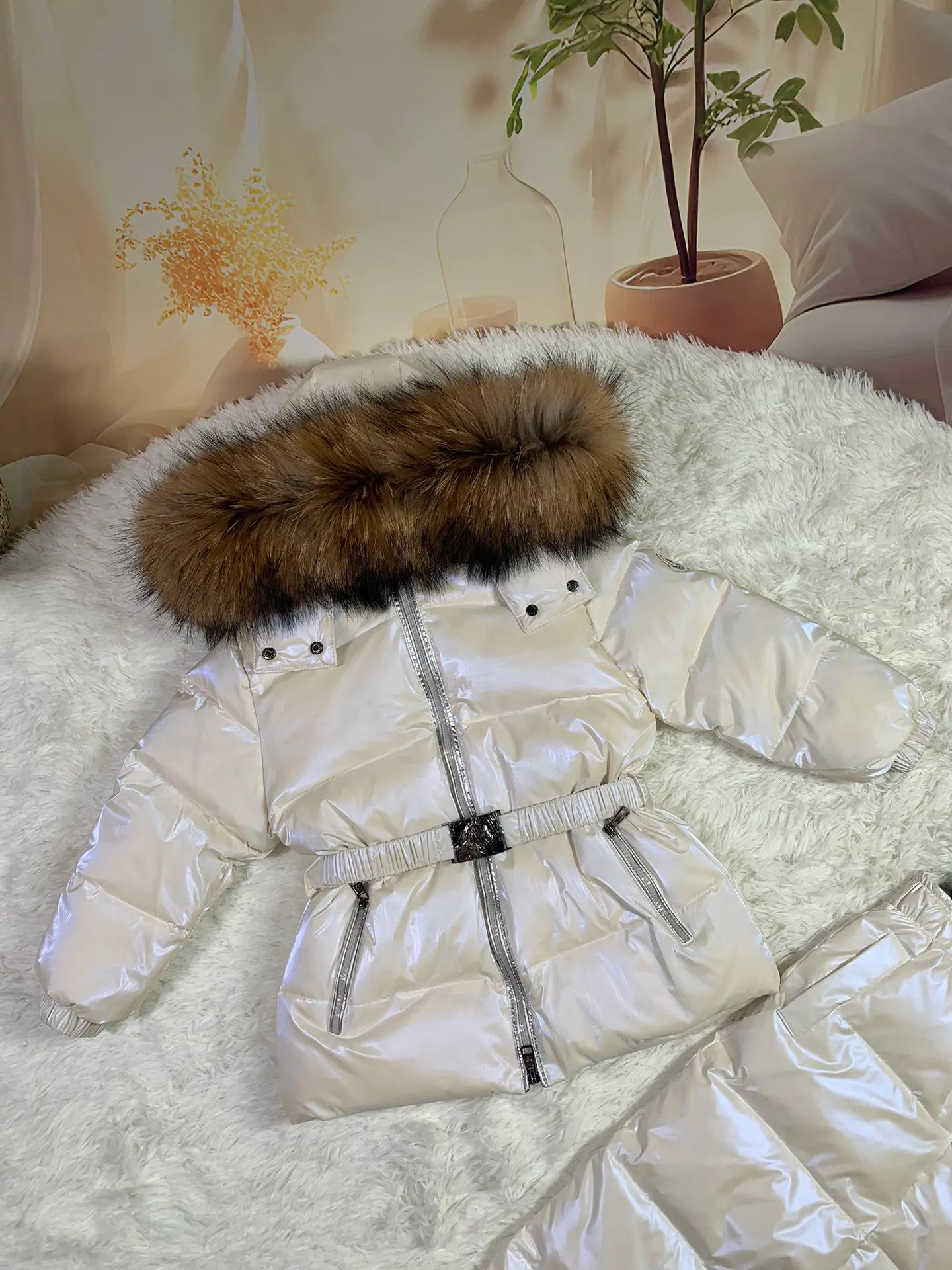 Raccoon fur hood 2024 winter jacket child suit jacket+pant twinset boy & girl ski suits children down jacket outerwear parka