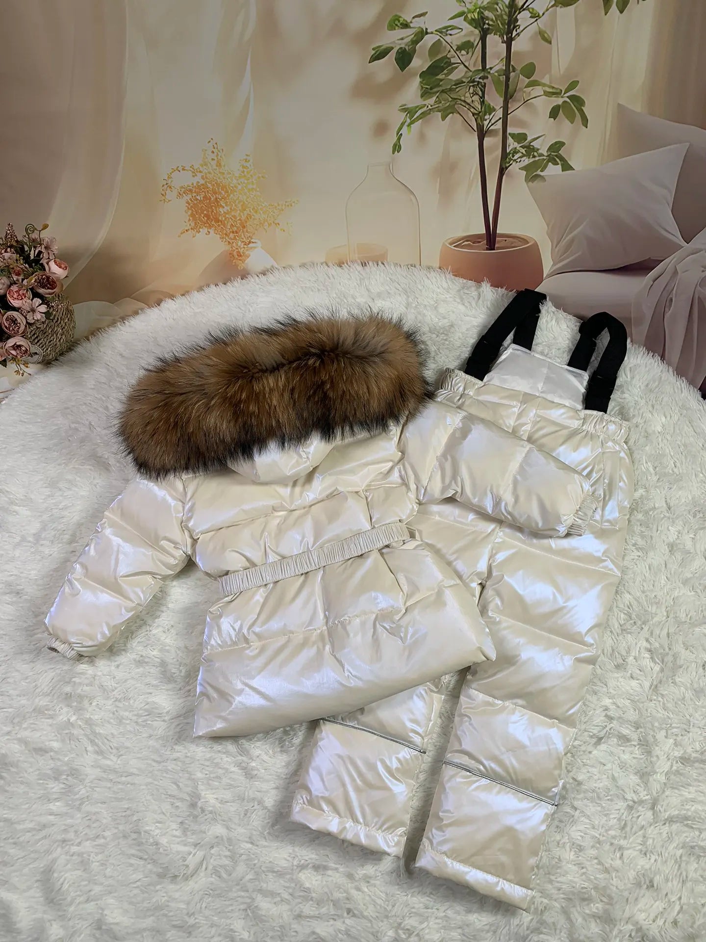 Raccoon fur hood 2024 winter jacket child suit jacket+pant twinset boy & girl ski suits children down jacket outerwear parka