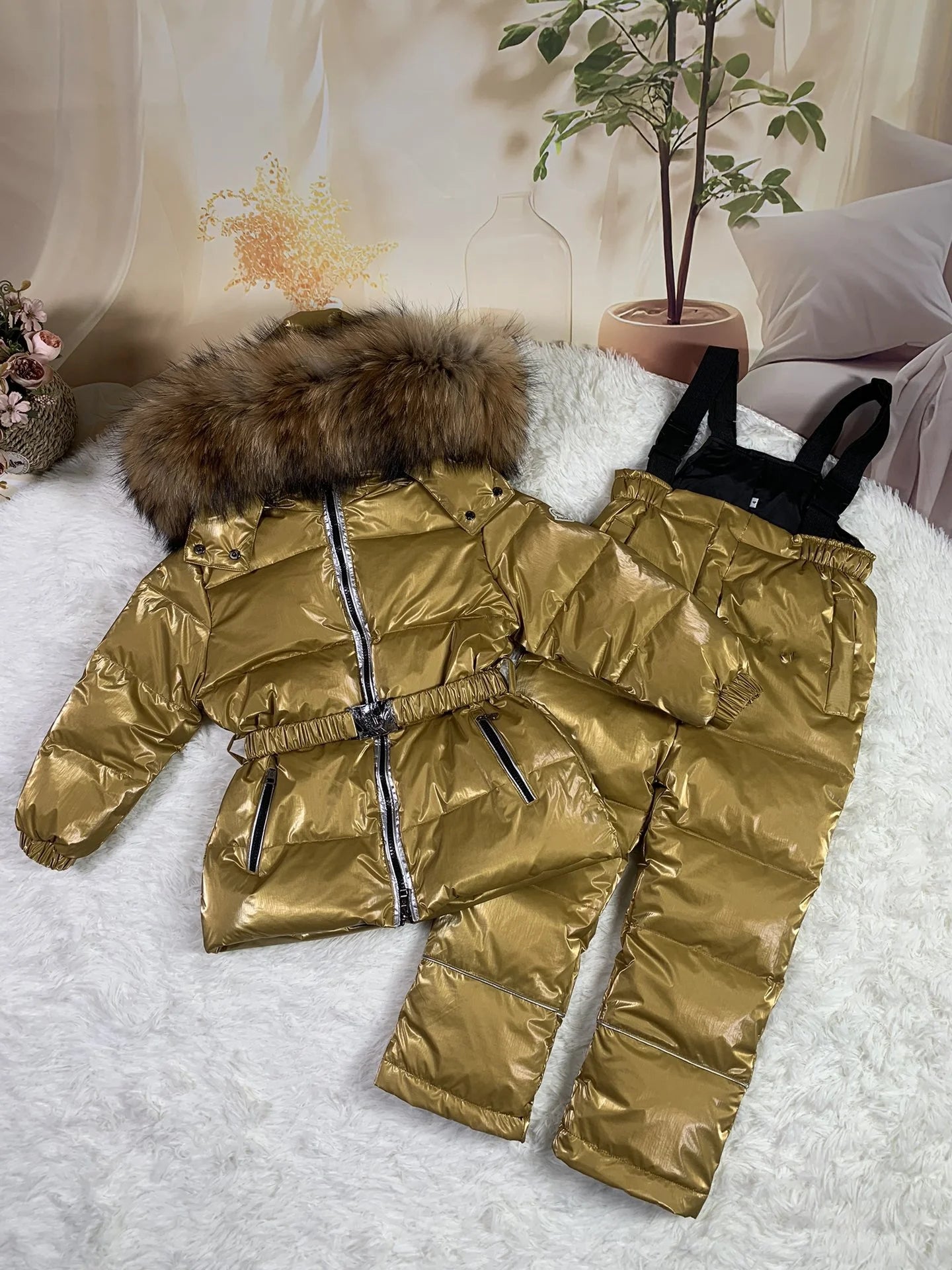 Raccoon fur hood 2024 winter jacket child suit jacket+pant twinset boy & girl ski suits children down jacket outerwear parka