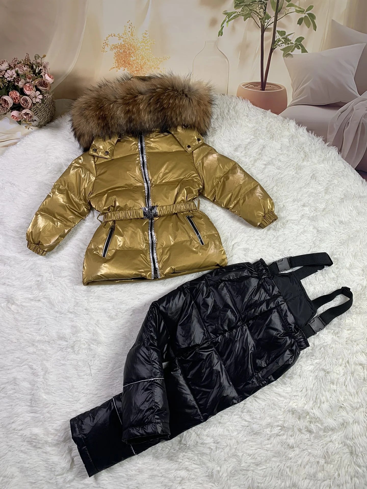 Raccoon fur hood 2024 winter jacket child suit jacket+pant twinset boy & girl ski suits children down jacket outerwear parka