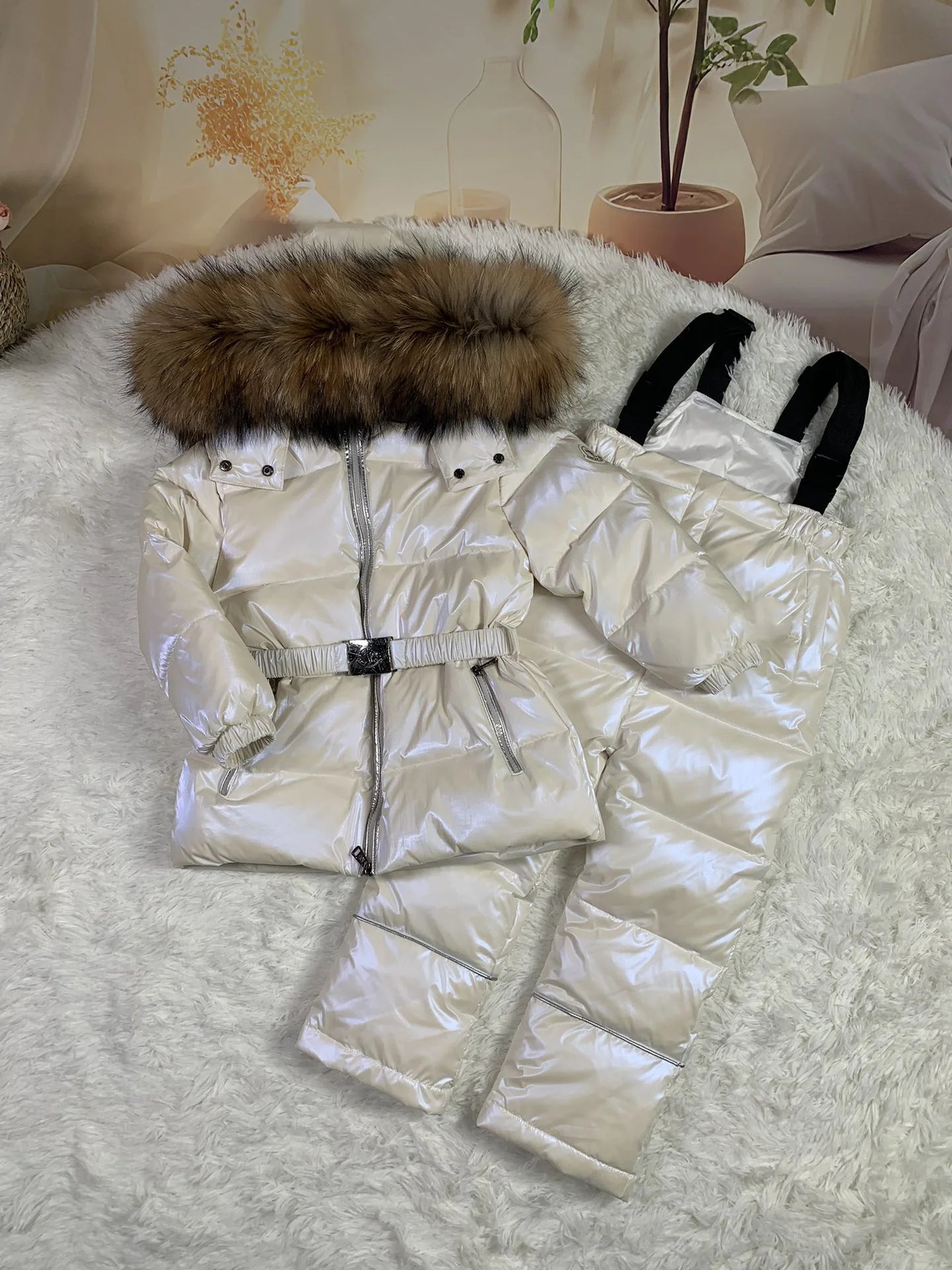 Raccoon fur hood 2024 winter jacket child suit jacket+pant twinset boy & girl ski suits children down jacket outerwear parka