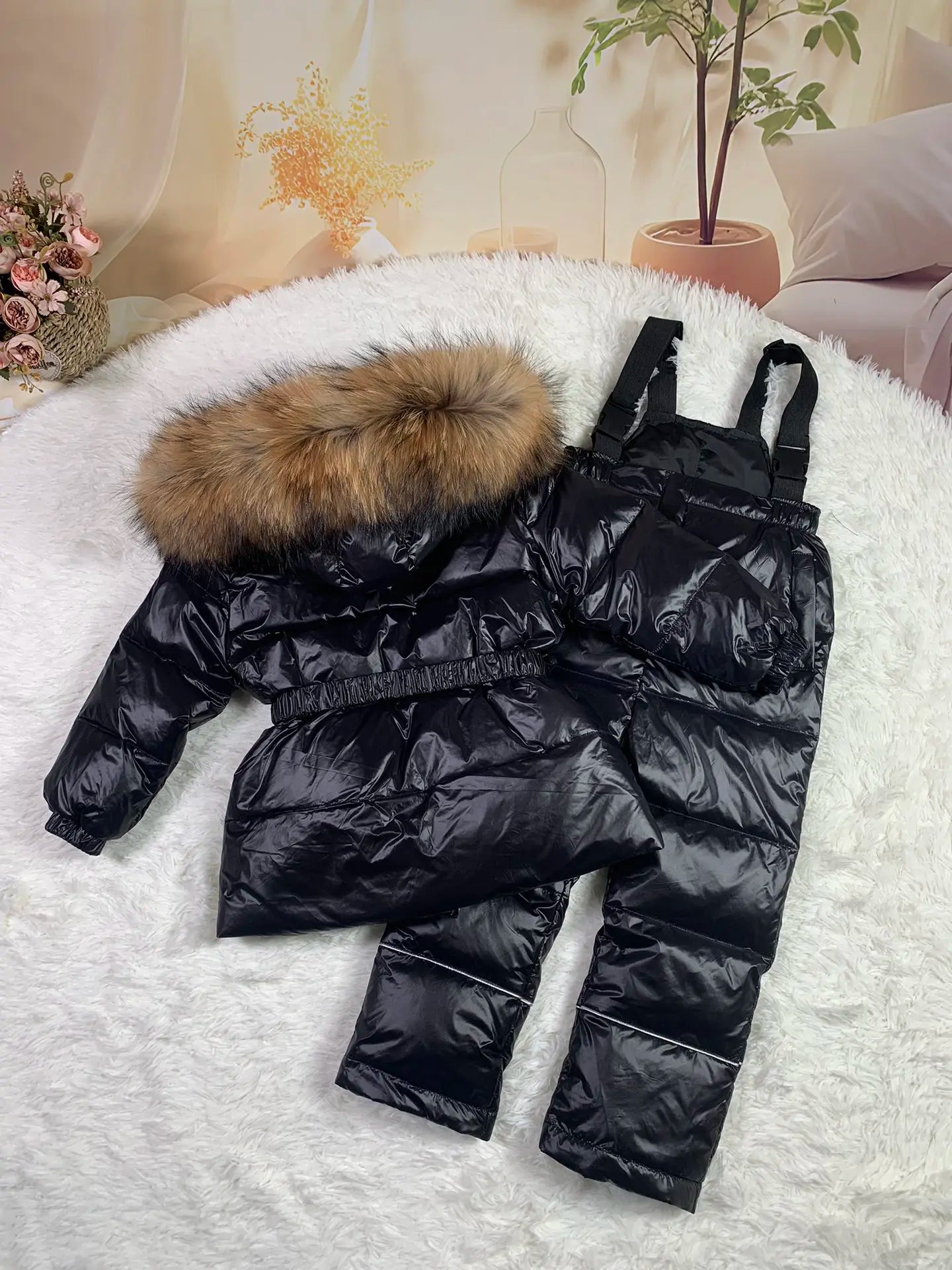 Raccoon fur hood 2024 winter jacket child suit jacket+pant twinset boy & girl ski suits children down jacket outerwear parka