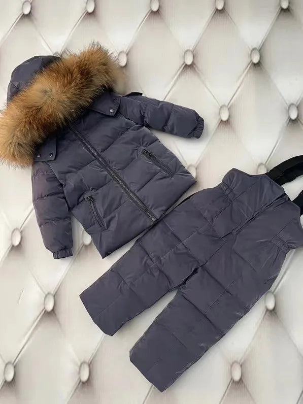 New 2024 Winter Jacket Children down jackets & pant duck down Brand Raccoon Fur  hood girl snowsuit set outerwear ski suit Parka